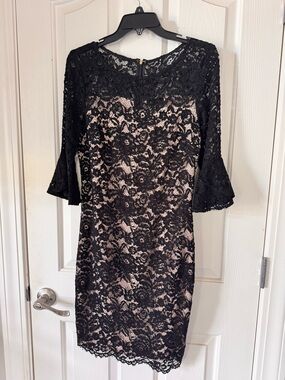 DKNY Black Lace Midi Dress with Nude Lining